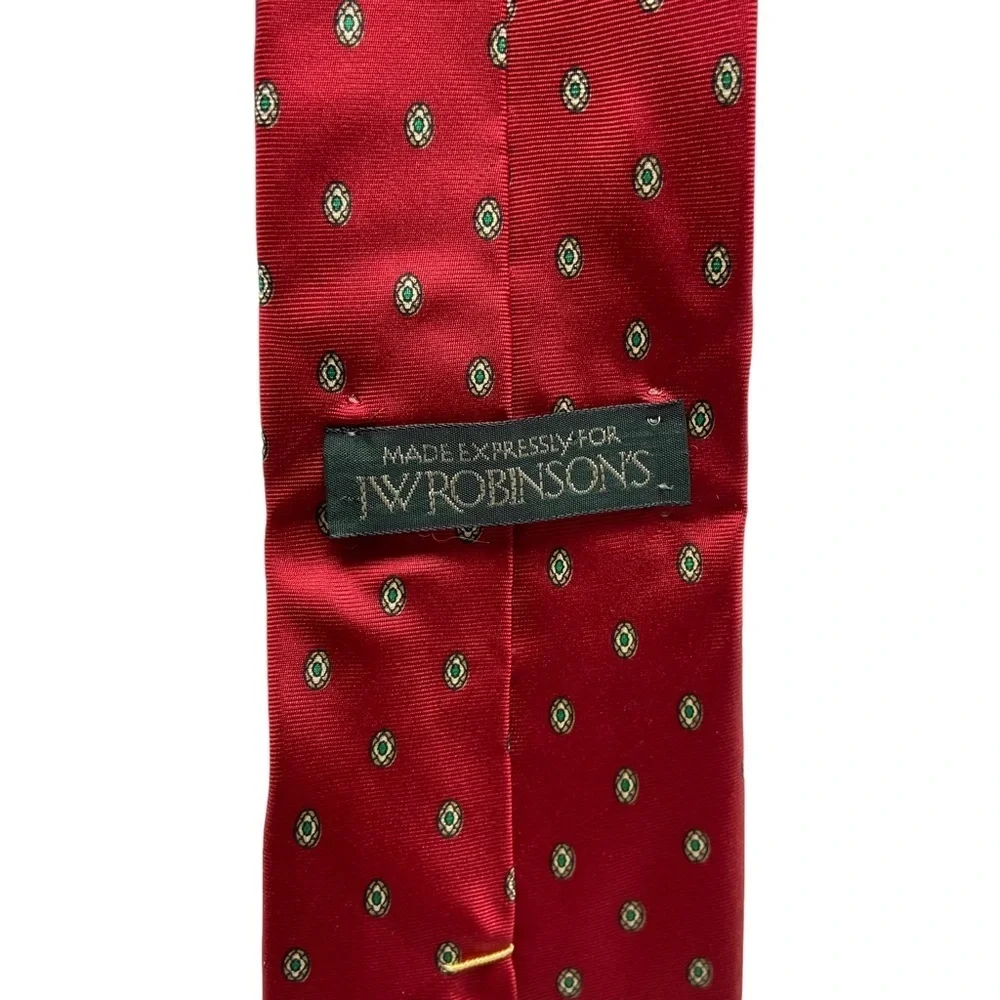 JW Robinson’s Necktie. Red with Green Polka Dots